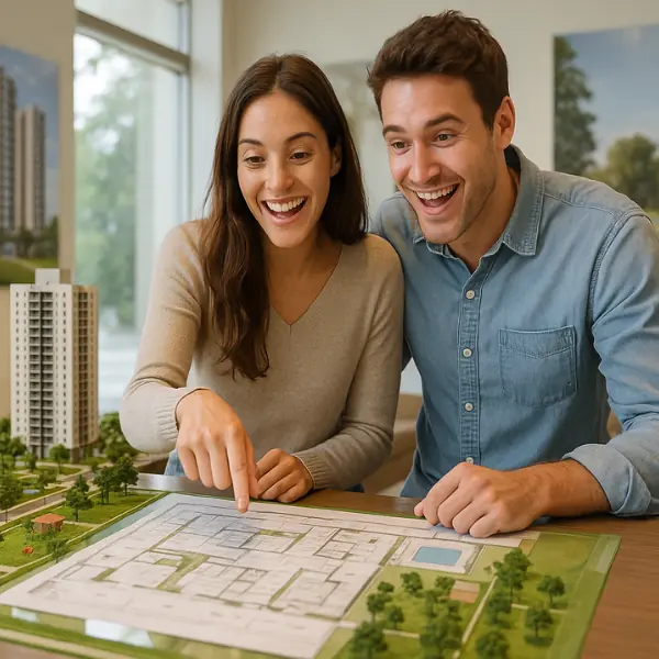 Casal empolgado com maquete de vendas