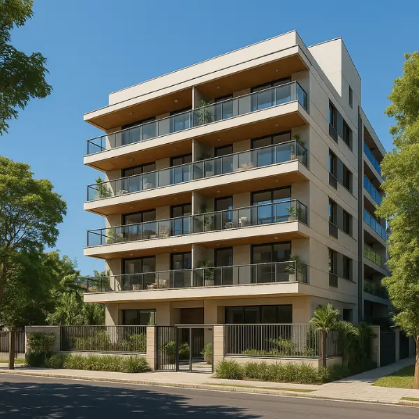 Fachada de empreendimento moderno na Freguesia, Jacarepaguá, destacando arquitetura valorizada e clima residencial