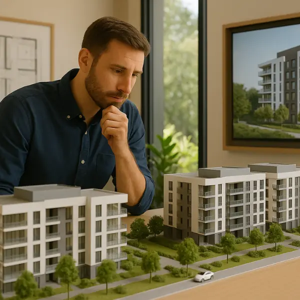 Homem analisando uma maquete imobiliária