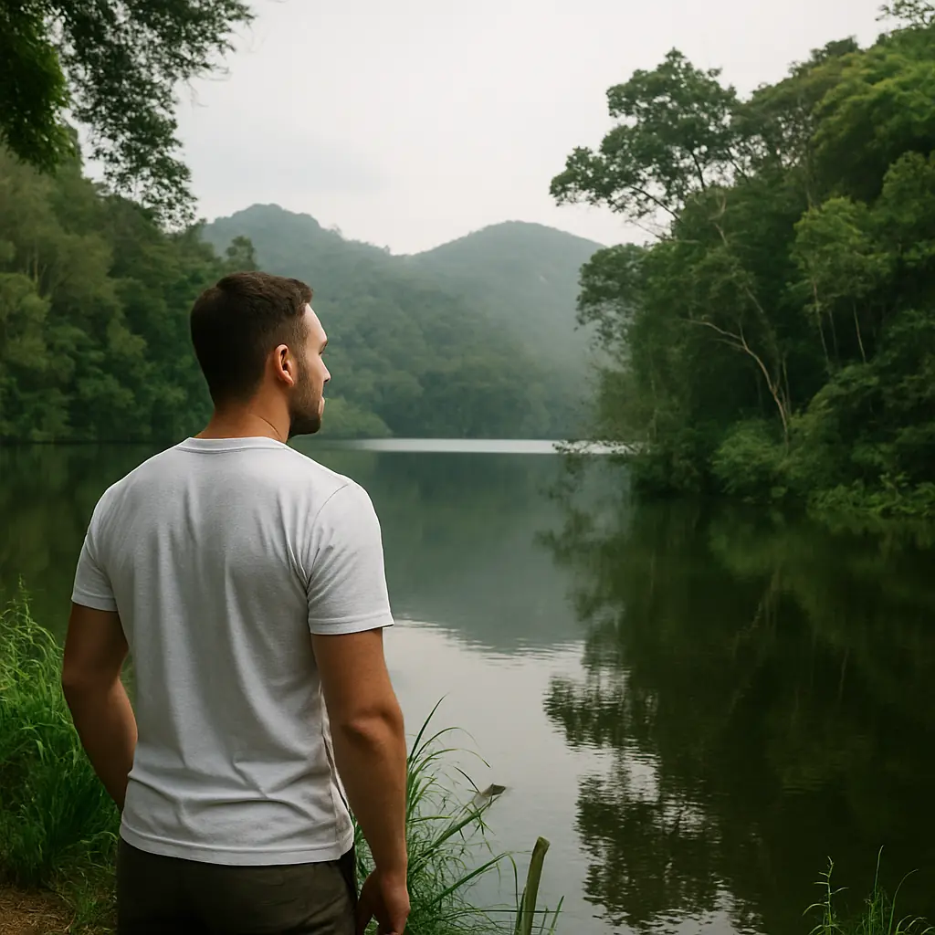 Homem contemplando o açude do Camorim.
