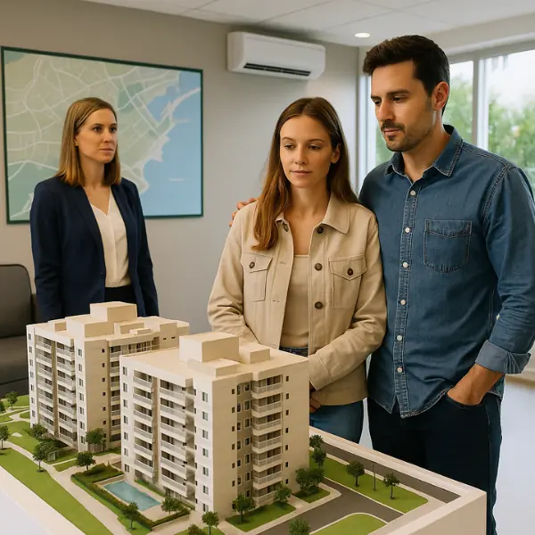 Casal observando maquete de prédio em estande de vendas de imóvel na planta na Zona Oeste do Rio, com corretora ao fundo e mapa na parede.