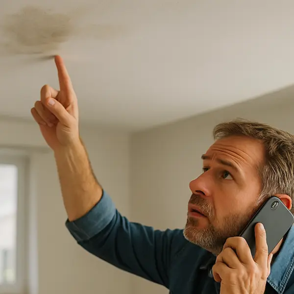 Homem apontando infiltração no teto enquanto liga para assistência da construtora.