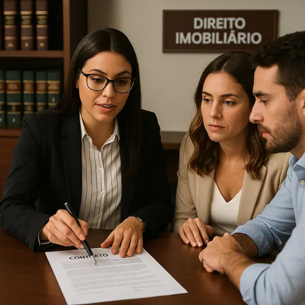 Advogada explica contrato de imóvel na planta para um casal.