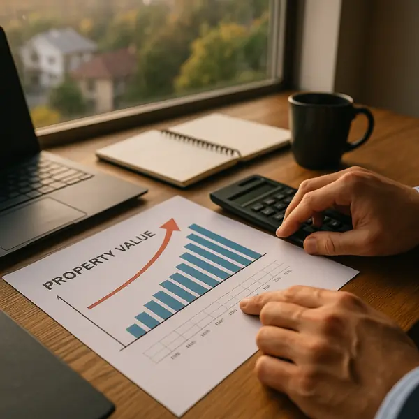 Pessoa analisando gráfico de valorização imobiliária com calculadora e laptop em mesa de escritório, ao entardecer, com vista para bairro residencial.