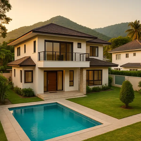 Casa moderna com piscina em Vargem Grande, ideal para aluguel ou investimento, ao entardecer com montanhas ao fundo