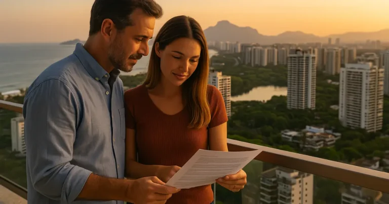 Casal analisando documentos de imóvel em varanda com vista para a Barra da Tijuca ao entardecer.