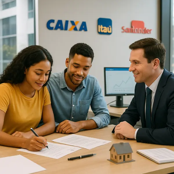 Casal buscando financiamento bancário.