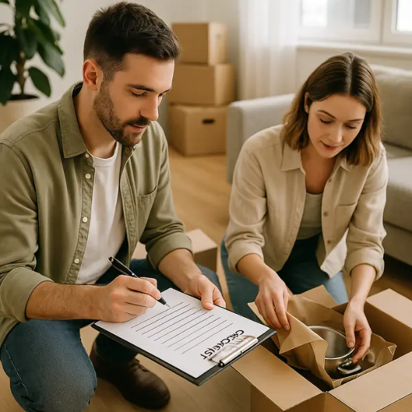 Casal jovem confere checklist e desembala caixas em nova casa, simbolizando organização prática após mudança
