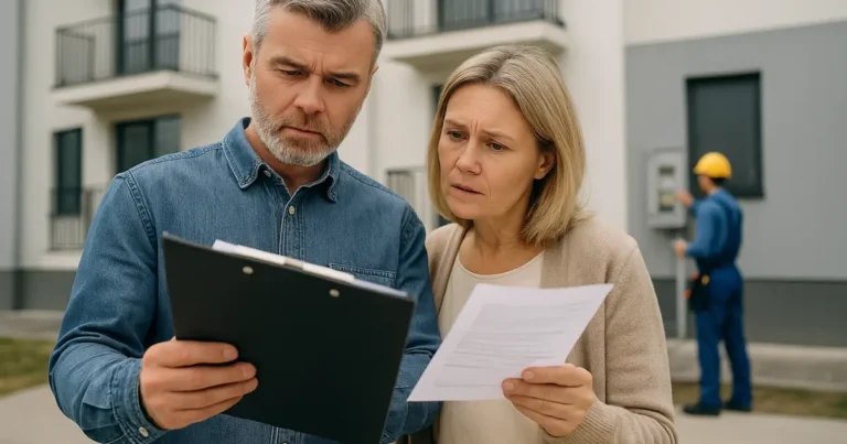 Casal analisando documentos de garantia em frente a prédio novo, com técnico ao fundo.