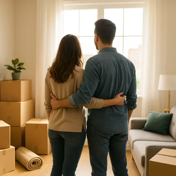 Casal abraçado olhando pela janela da nova casa, cercado por caixas de mudança, representando o recomeço com esperança e cumplicidade