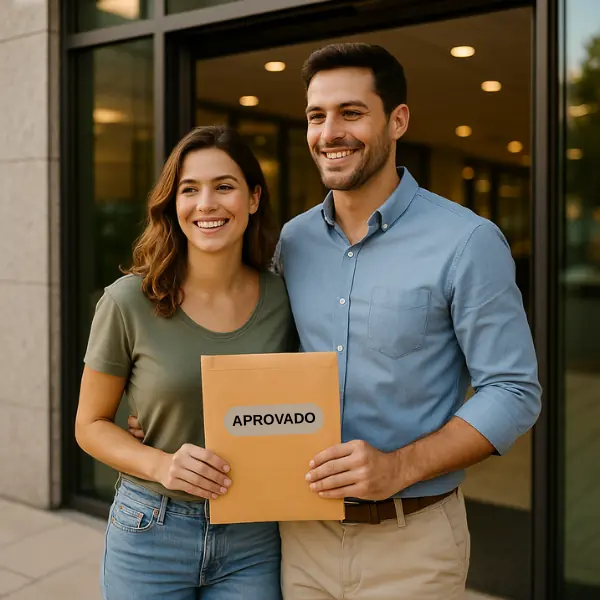 Casal saindo de um banco com financiamento aprovado.