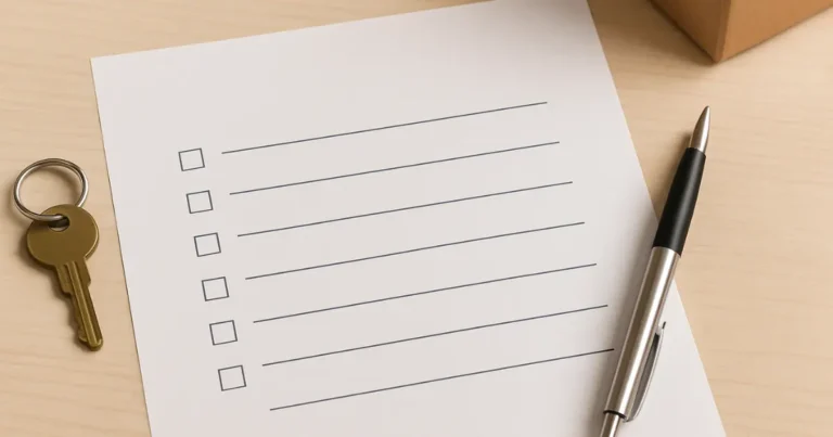 Folha de checklist em branco com caneta e chave, representando planejamento da mudança residencial