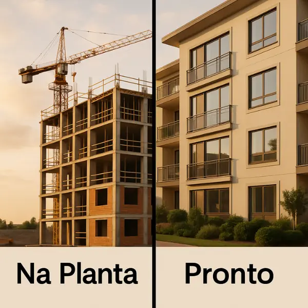 Comparação visual entre apartamento na planta em construção e apartamento pronto finalizado, com legenda descritiva