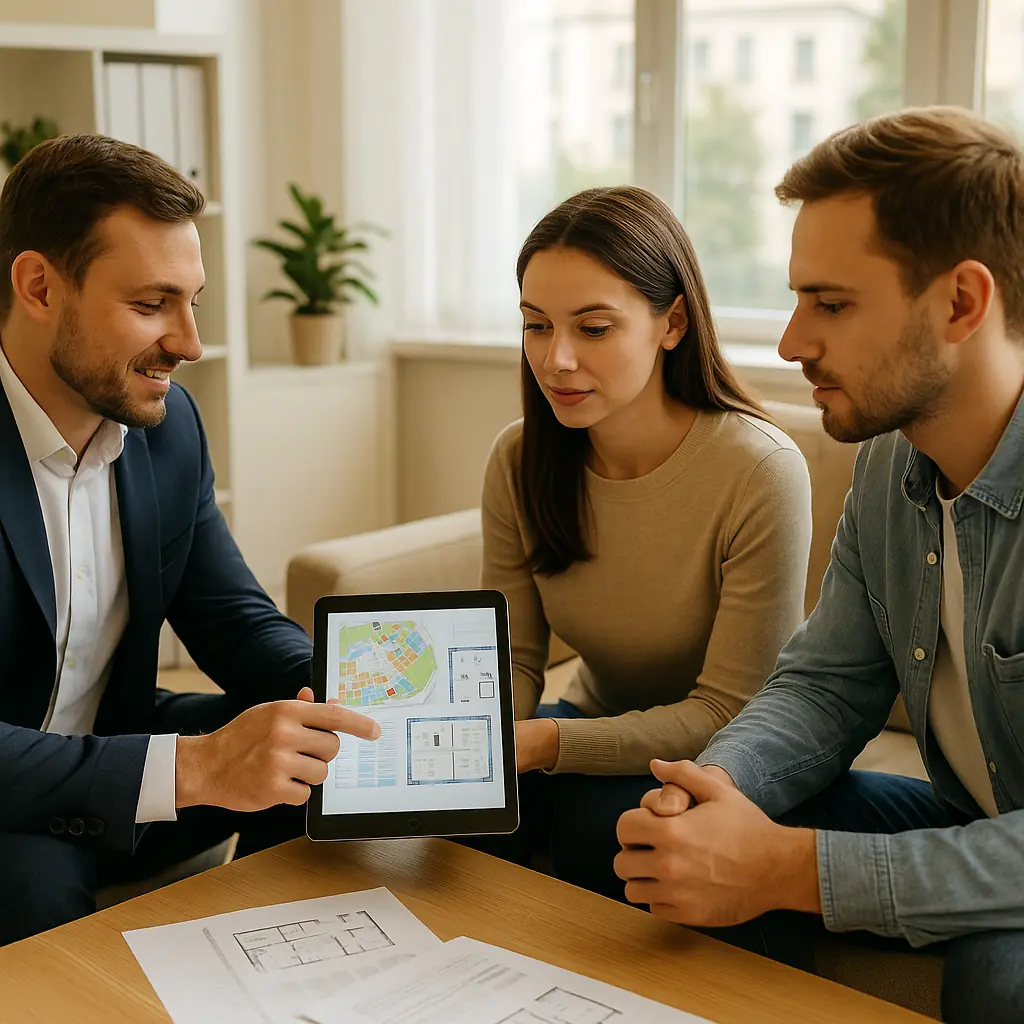 Corretor imobiliário apresentando planta de imóvel e mapa da região em tablet para casal jovem em sala de vendas iluminada, durante atendimento personalizado.