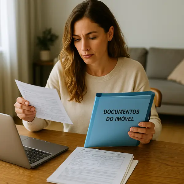 Mulher organizando documentos do imóvel com notebook na mesa.