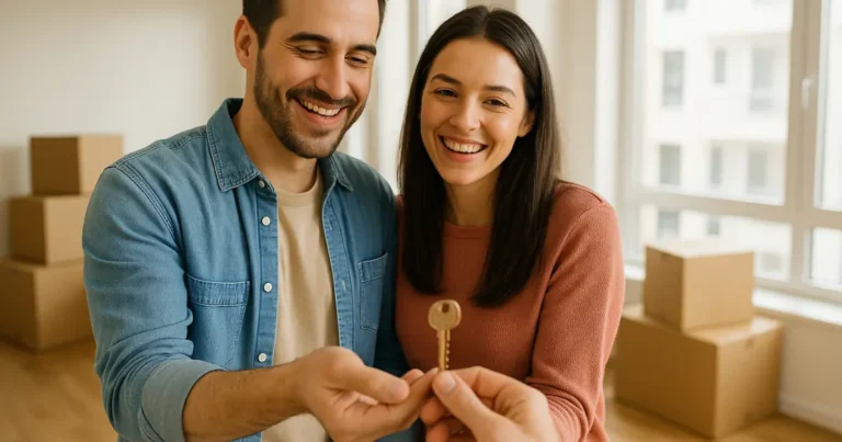 Casal recebendo as chaves do novo apartamento após entrega do imóvel na planta