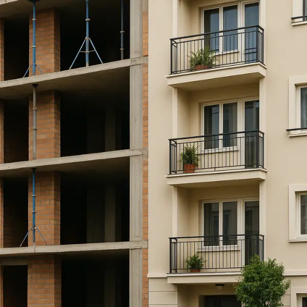 Fachada de dois prédios lado a lado, um em construção e outro finalizado, com varandas e plantas decorativas