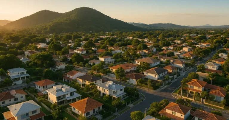 Vista aérea de bairro residencial em Vargem Grande, Zona Oeste do Rio de Janeiro, com casas modernas e áreas verdes ao entardecer