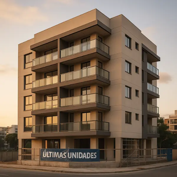 Fachada de prédio residencial novo no Recreio dos Bandeirantes com faixa de "Últimas Unidades", representando imóvel na planta pronto para investimento.
