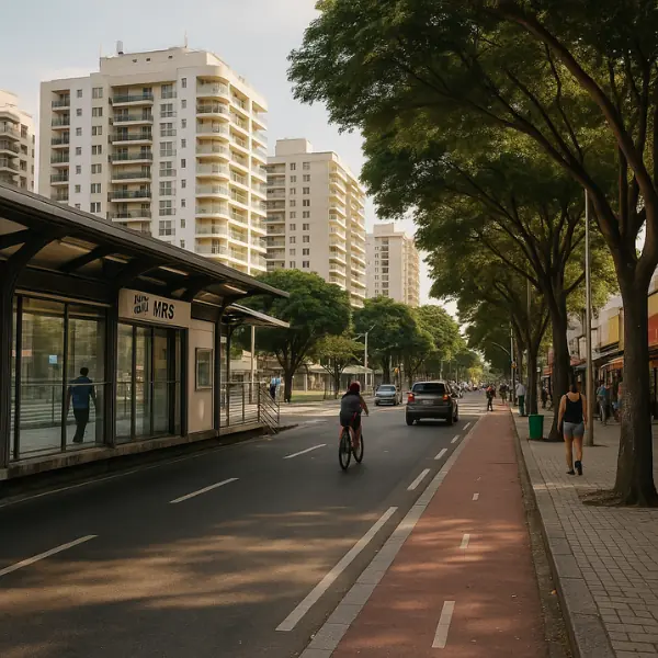 Estação do BRT e ciclovia em rua arborizada com prédios residenciais e comércio local em Curicica ou Camorim, Zona Oeste do Rio.