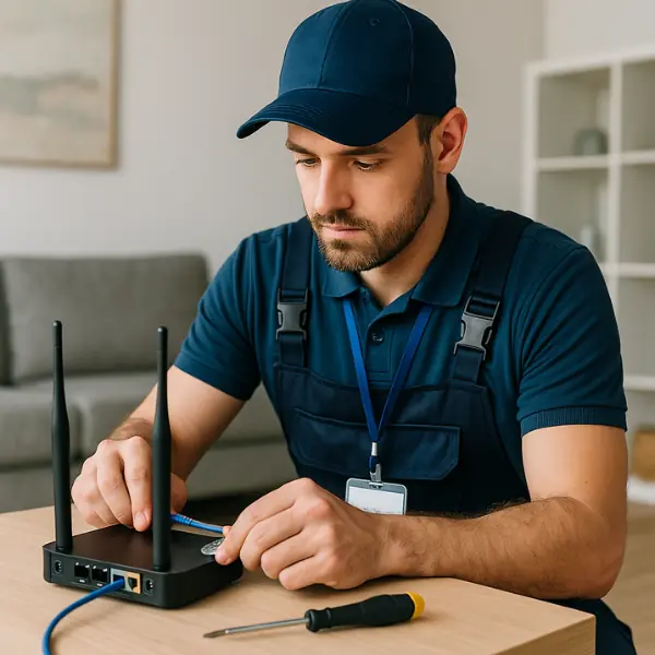 Técnico instalando roteador Wi-Fi em apartamento novo com cabo de rede.