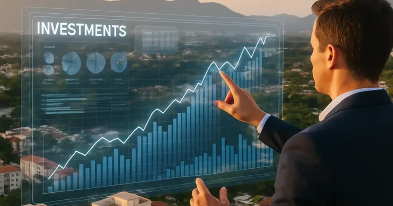 Investidor interagindo com tela holográfica de investimentos com vista aérea de prédios residenciais no Camorim e Curicica, Zona Oeste do Rio de Janeiro.
