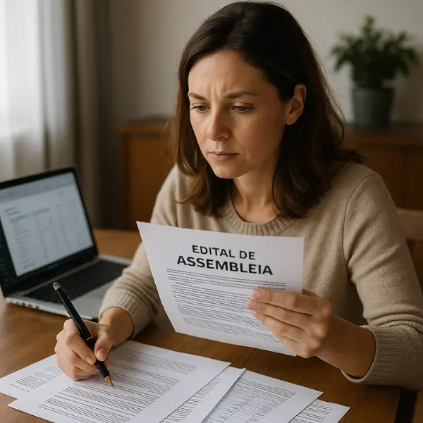 Mulher lendo edital de assembleia de condomínio em casa, com laptop e documentos.