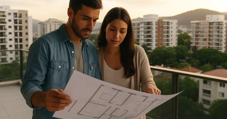 Casal jovem analisando planta de apartamento na varanda com vista para prédios residenciais na Freguesia, Rio de Janeiro, ao entardecer.