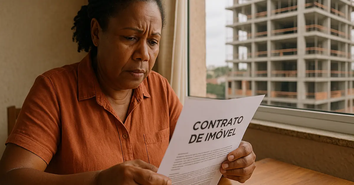 Uma mulher analisando contrato de imóvel na planta
