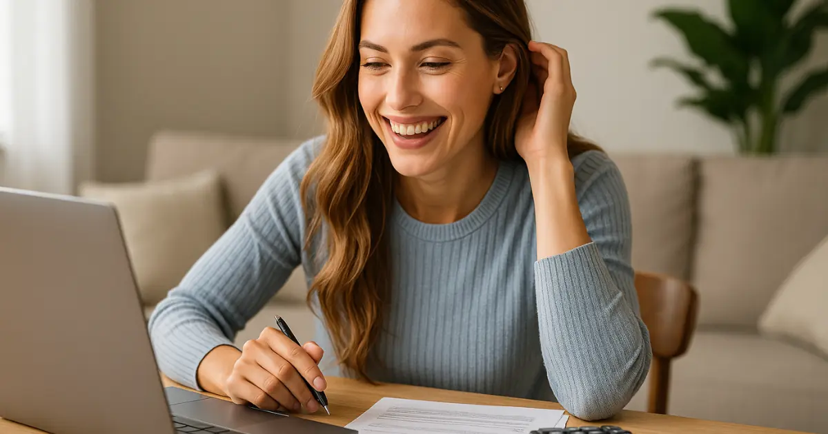 Mulher sorridente em frente ao notebook após simular compra de imóvel na planta