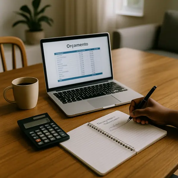 Mesa com notebook exibindo planilha de orçamento, caderno de anotações, calculadora e mão escrevendo, representando planejamento financeiro pós-entrega do imóvel
