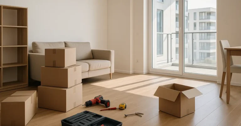 Apartamento novo sendo preparado para mudança, com móveis em montagem e luz natural