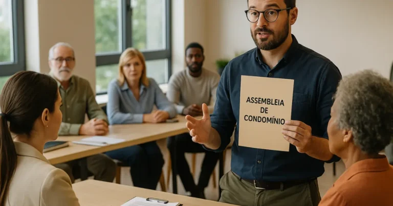 Homem conduzindo primeira assembleia de condomínio com moradores reunidos.