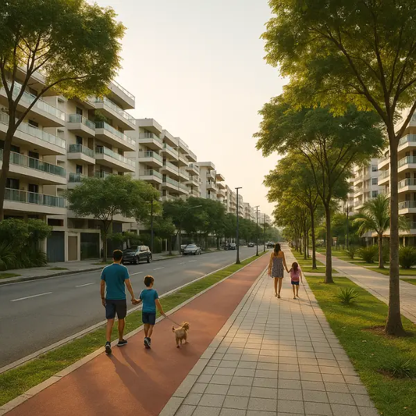 Rua arborizada no Recreio dos Bandeirantes com ciclovia, edifícios modernos e família caminhando ao entardecer, representando qualidade de vida no bairro.