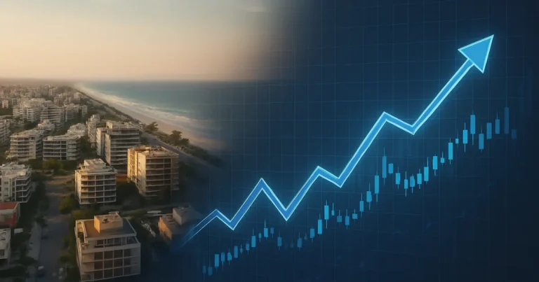 Vista aérea do Recreio dos Bandeirantes com gráfico de rentabilidade crescente em estilo tecnológico, representando o potencial de retorno imobiliário no bairro.