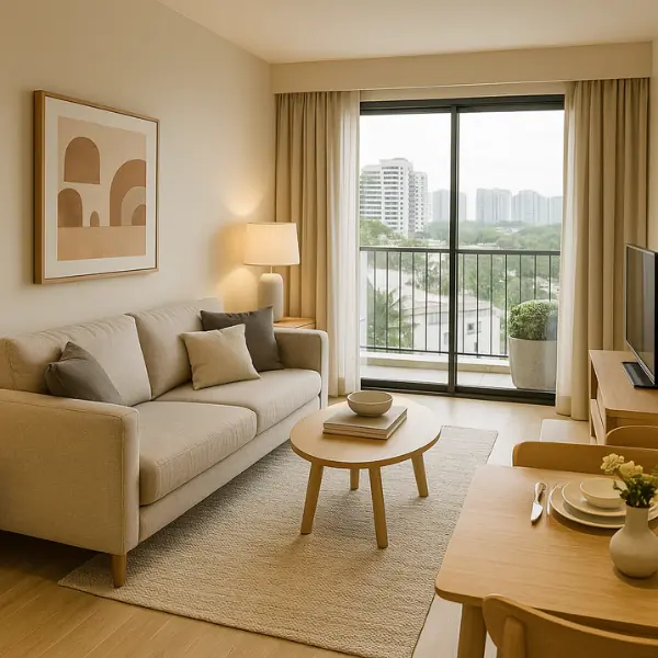 Sala de apartamento moderno e mobiliado com varanda e vista urbana na Barra da Tijuca.