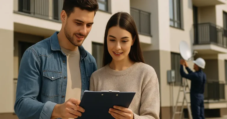 Casal jovem em frente a prédio novo conferindo documentos, com técnico instalando antena ao fundo.