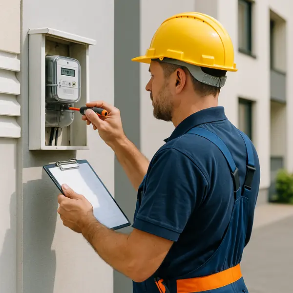 Técnico instalando medidor de energia em prédio novo com prancheta na mão.