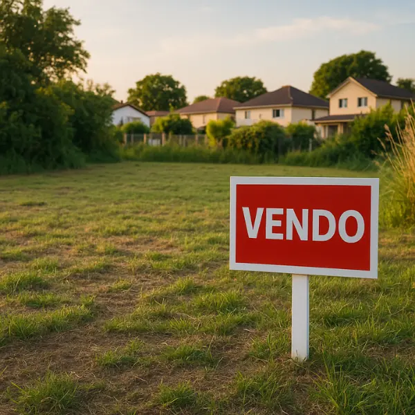 Terreno vazio à venda em Vargem Grande com placa vermelha escrito 'VENDO', cercado por casas e vegetação ao entardecer