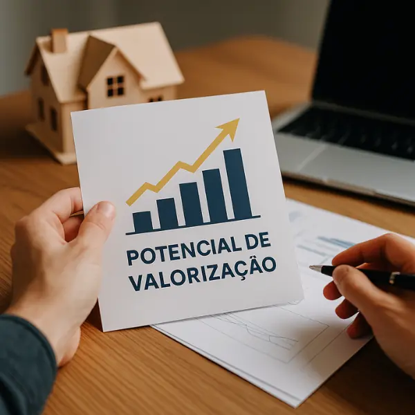 Pessoa segurando gráfico com texto 'Potencial de Valorização' sobre mesa com laptop e miniatura de casa