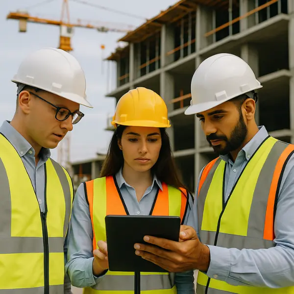 Engenheiros analisando obra em construção com tablet em canteiro