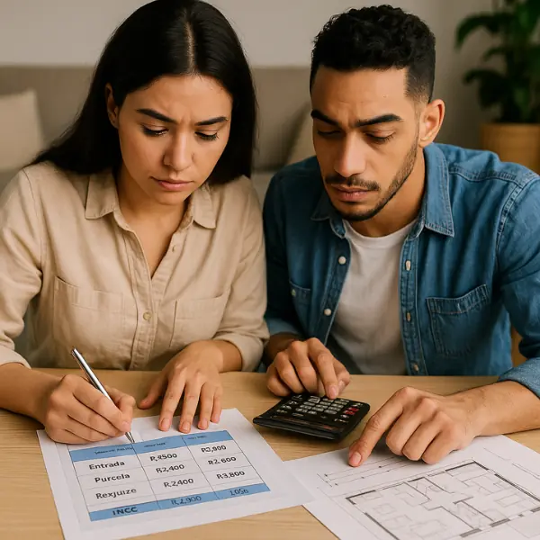 Casal fazendo cálculo de parcelas de imóvel com planilha, planta baixa e calculadora sobre a mesa