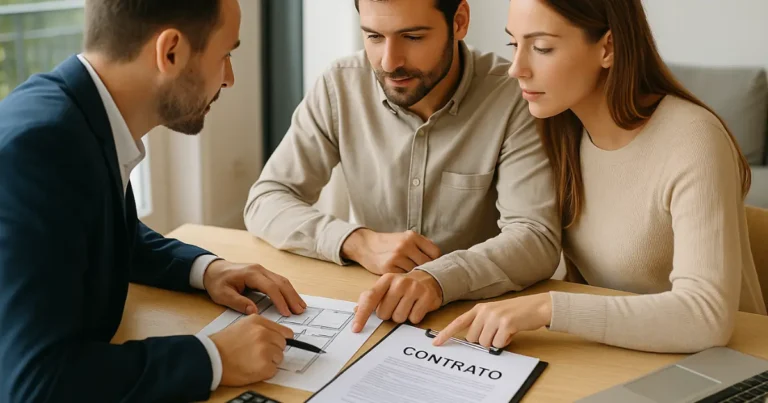 Casal analisando contrato e planta de imóvel na presença de corretor