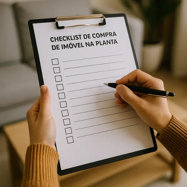 Pessoa segurando checklist de compra de imóvel na planta com caneta em ambiente residencial