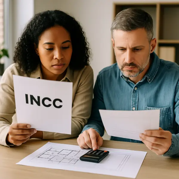 Casal analisando documento com INCC e planta de imóvel sobre a mesa