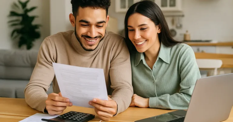 Casal avaliando documentos financeiros para compra de imóvel na planta em ambiente residencial iluminado