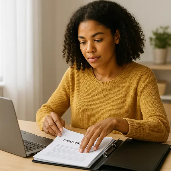 Mulher organizando documentos para financiamento imobiliário com computador e pasta sobre a mesa