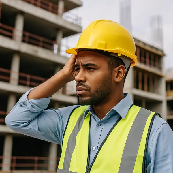 Engenheiro da construção civil com expressão preocupada em frente a prédio inacabado