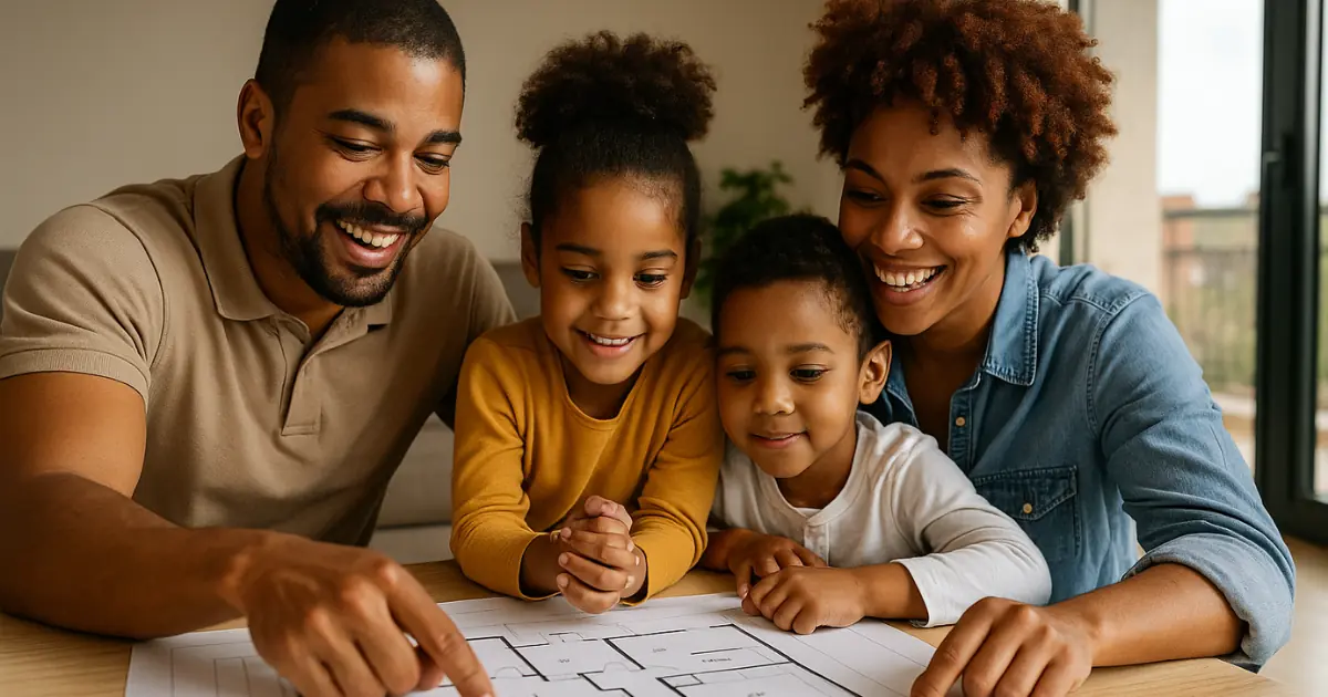 Família analisando planta de imóvel com alegria em ambiente iluminado