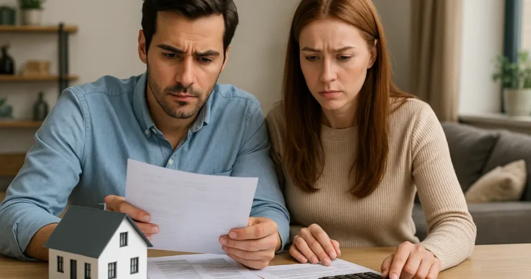 Casal analisando contrato de financiamento imobiliário com miniatura de casa e calculadora sobre a mesa, em sala iluminada